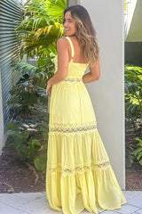 Yellow Maxi Dress With Crochet Trim And Slit