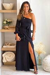 Black One Shoulder Long Sleeve Maxi Dress
