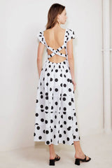 SHORT SLEEVE WHITE BLACK POLKA DOT MIDI DRESS