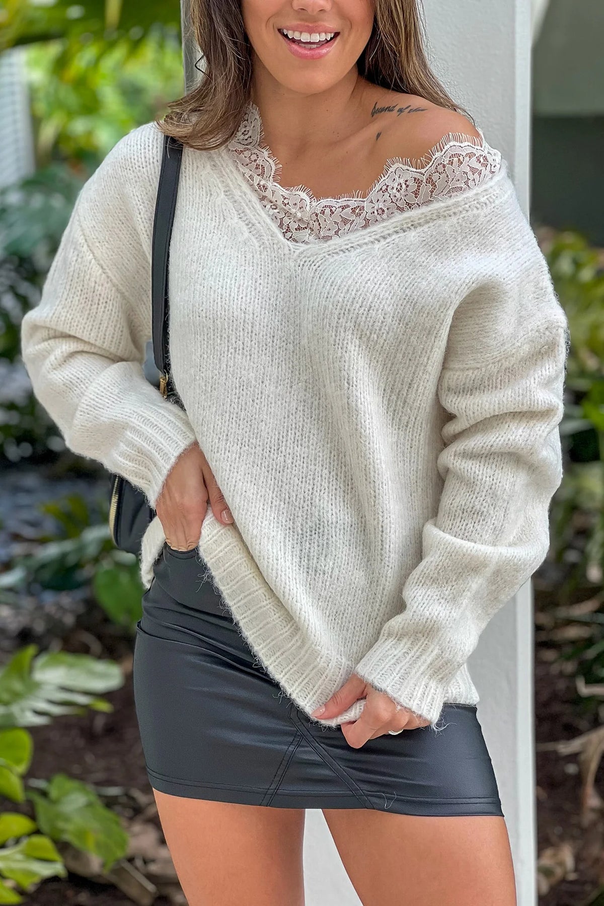 Ivory Lace Trim V Neck Sweater