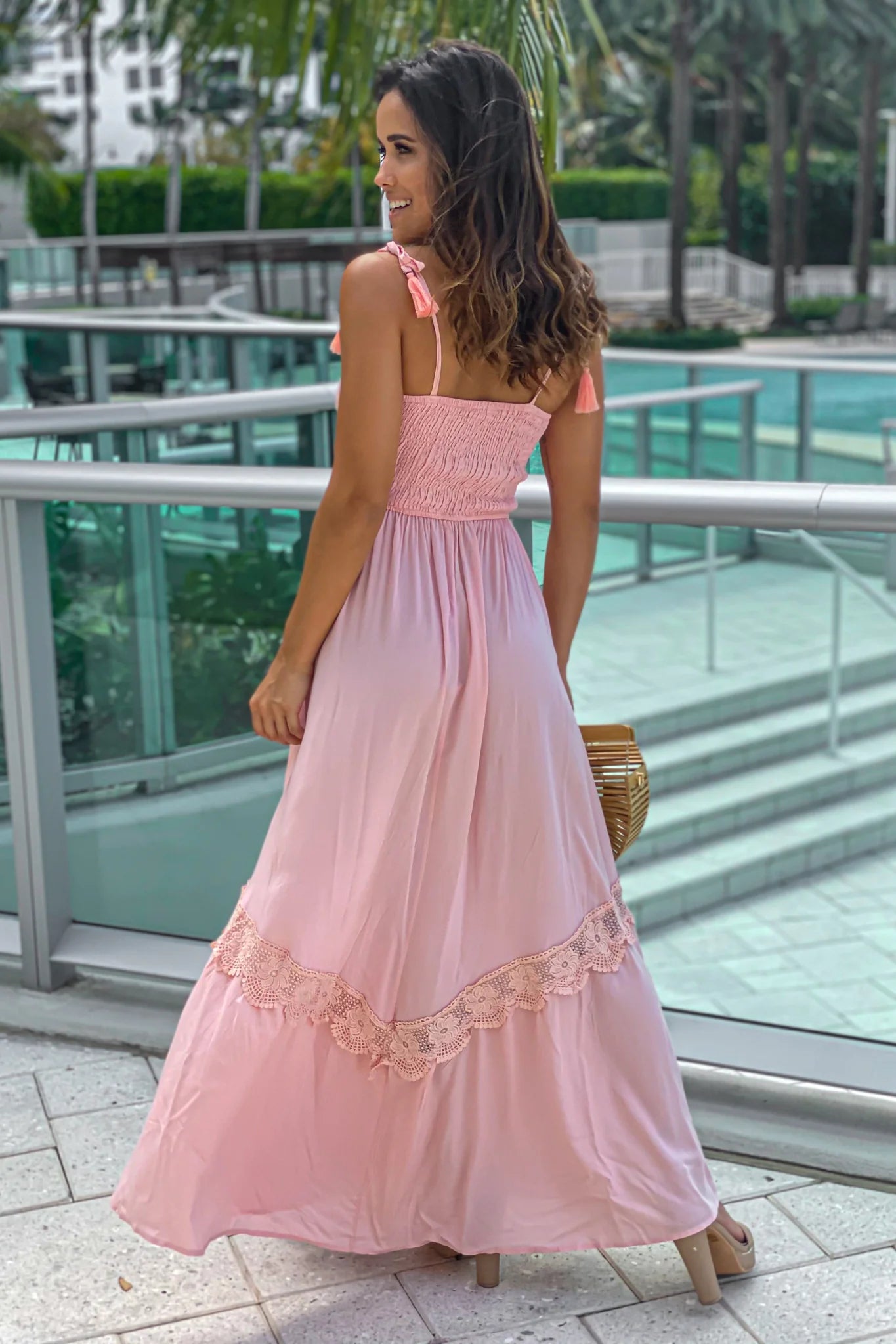 Blush Smocked Top Maxi Dress With Crochet Detail