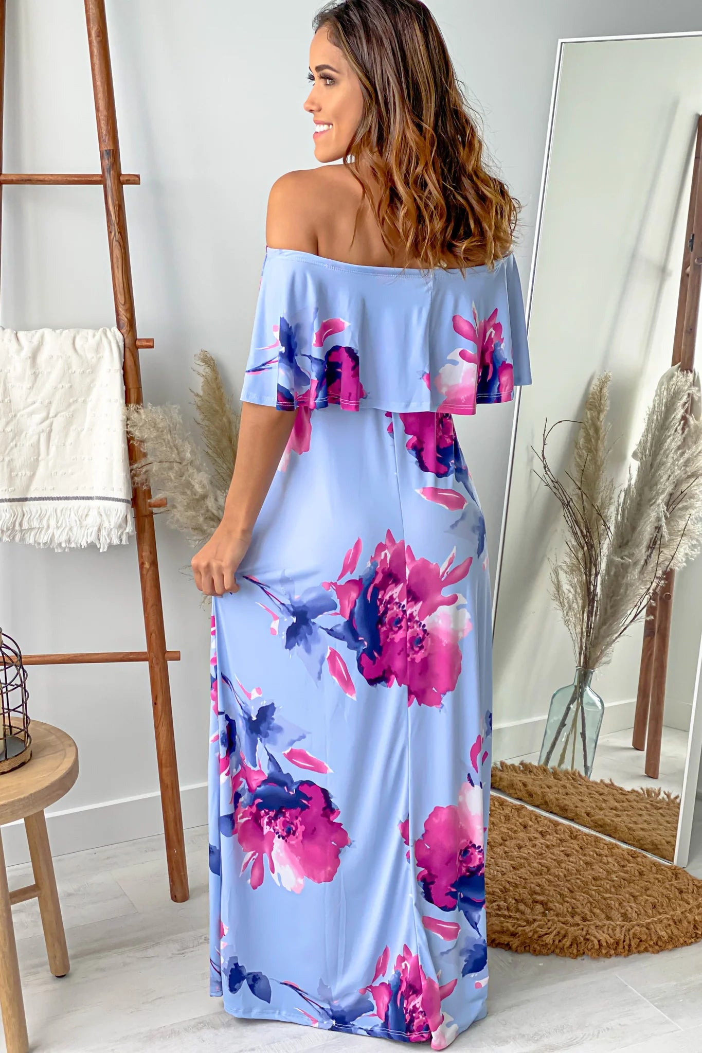 Chambray Floral Off Shoulder Maternity Maxi Dress