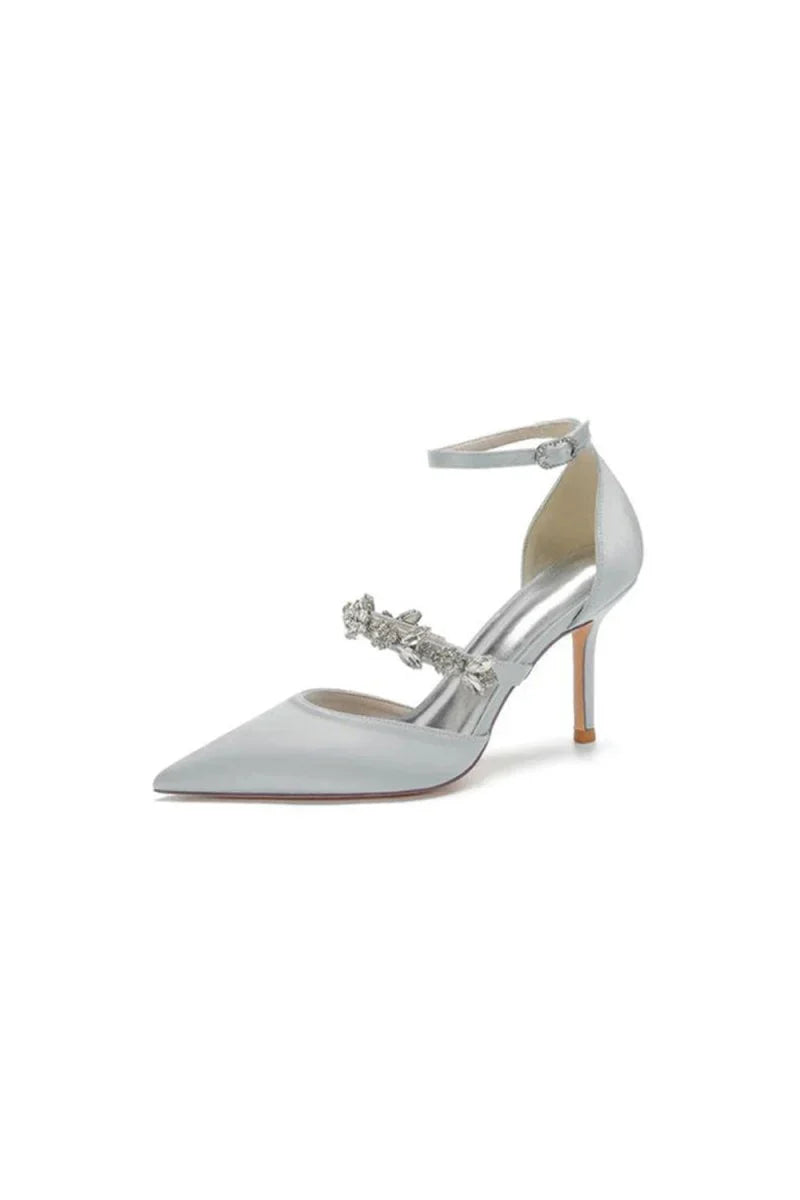 Crystal Strap Pointed Toe Satin High Heels