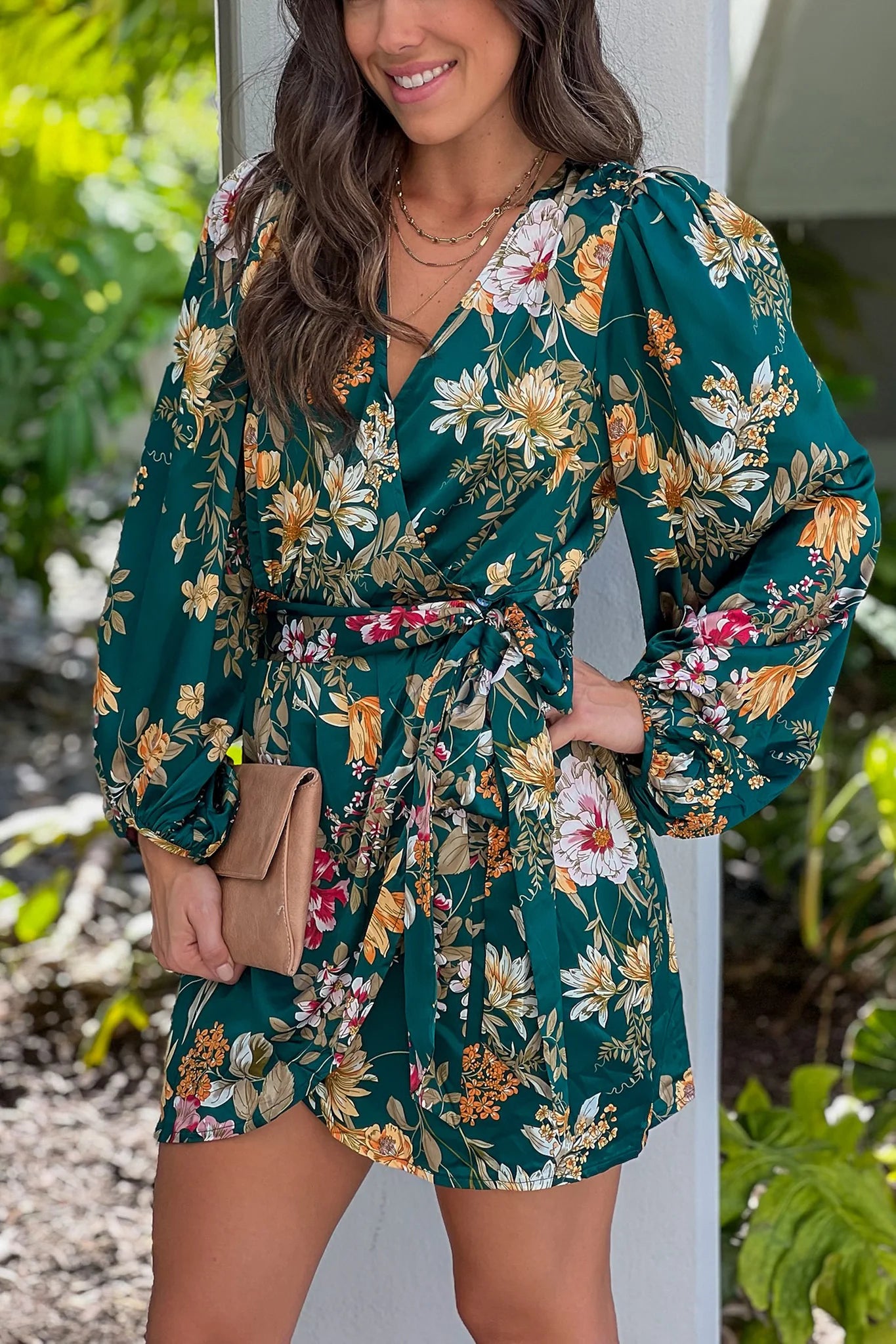Green Floral Satin Wrap Short Dress