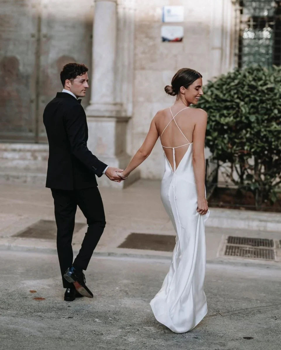 Charming Sheath Silk Satin Wedding Dresses with Slit