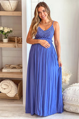 Blue Crochet Top Maternity Maxi Dress with Frayed Hem