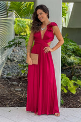 Burgundy Pleated Lace Up Back Maxi Dress