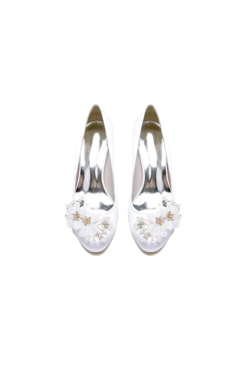 Rhinestone White Chunky Heels with Flower