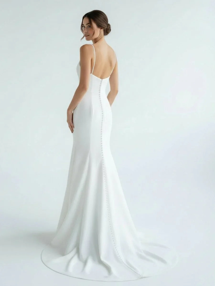 Mermaid White Spaghetti Straps Long Lace Wedding Dress