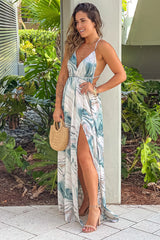 Light Blue Marble Print Halter Neck Maxi Dress With Slit