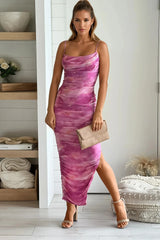 Pink Floral Mesh Ruched Dress