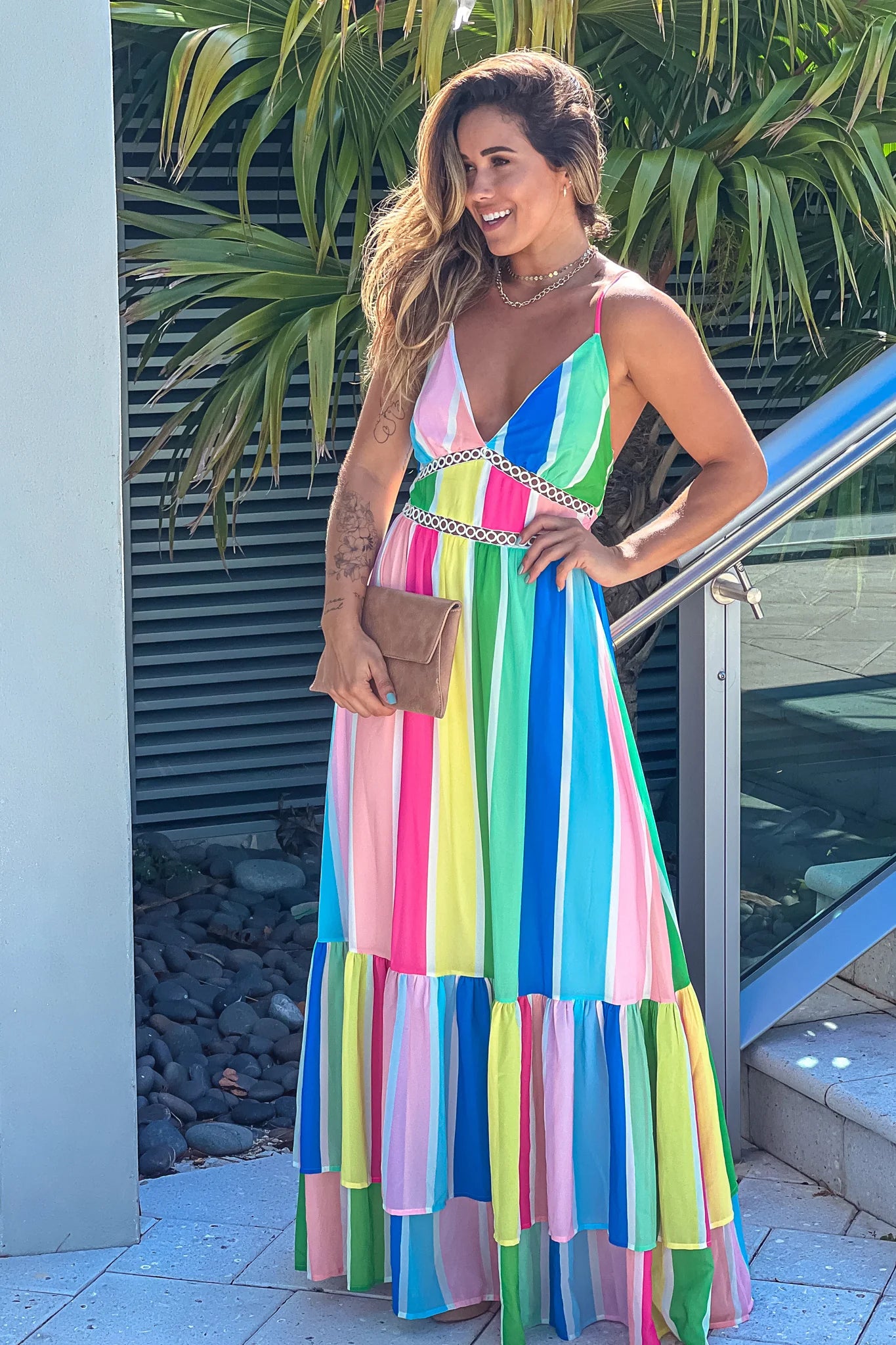 Blush Striped Multi Color Maxi Dress With Criss Cross Back