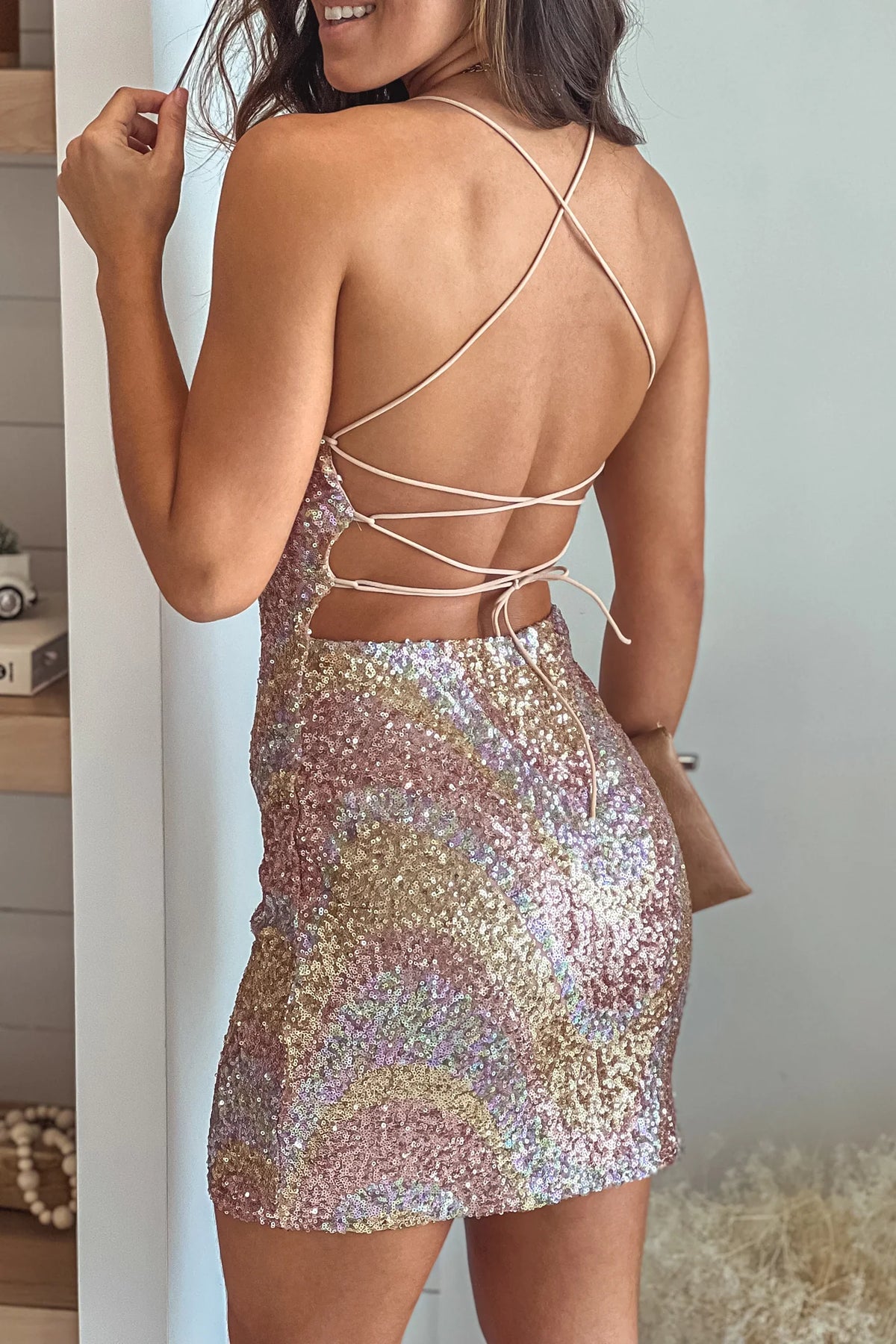 Pink Multi Color Sequin Short Dress With Strappy Back