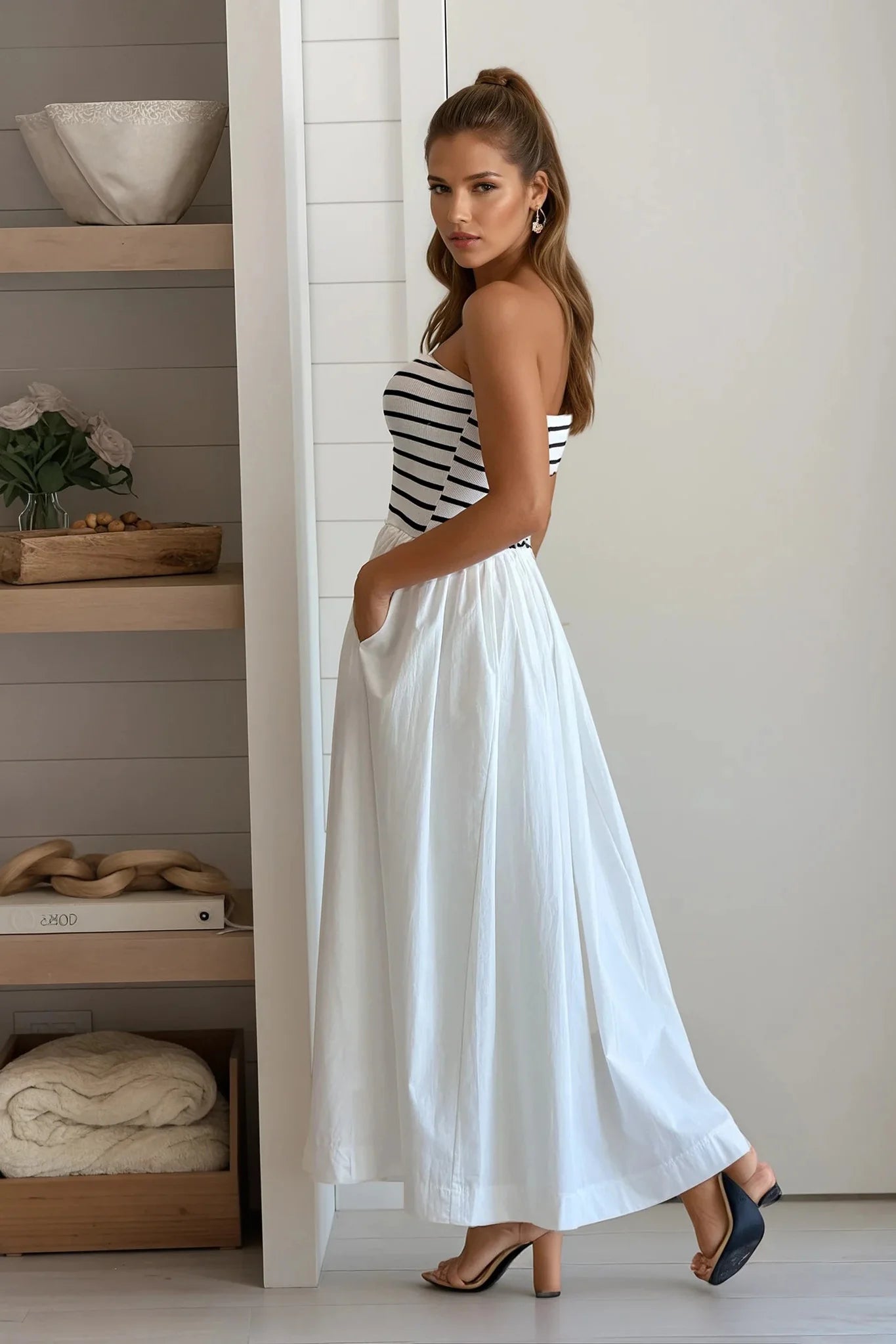 White Striped Strapless Flowy Midi Dress