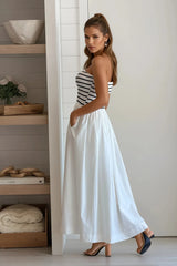 White Striped Strapless Flowy Midi Dress