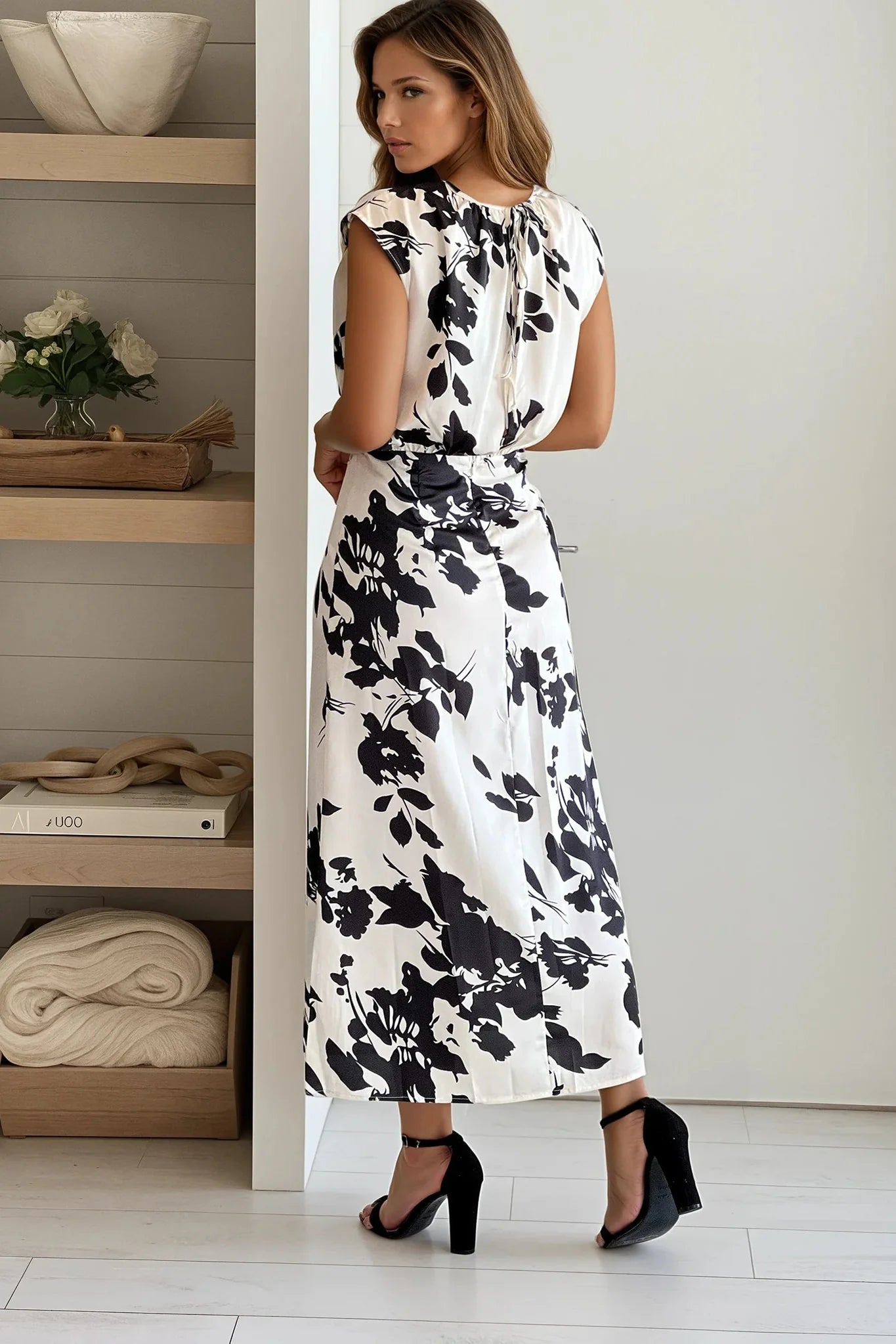 Cream Printed Satin Midi Dress