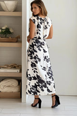 Cream Printed Satin Midi Dress