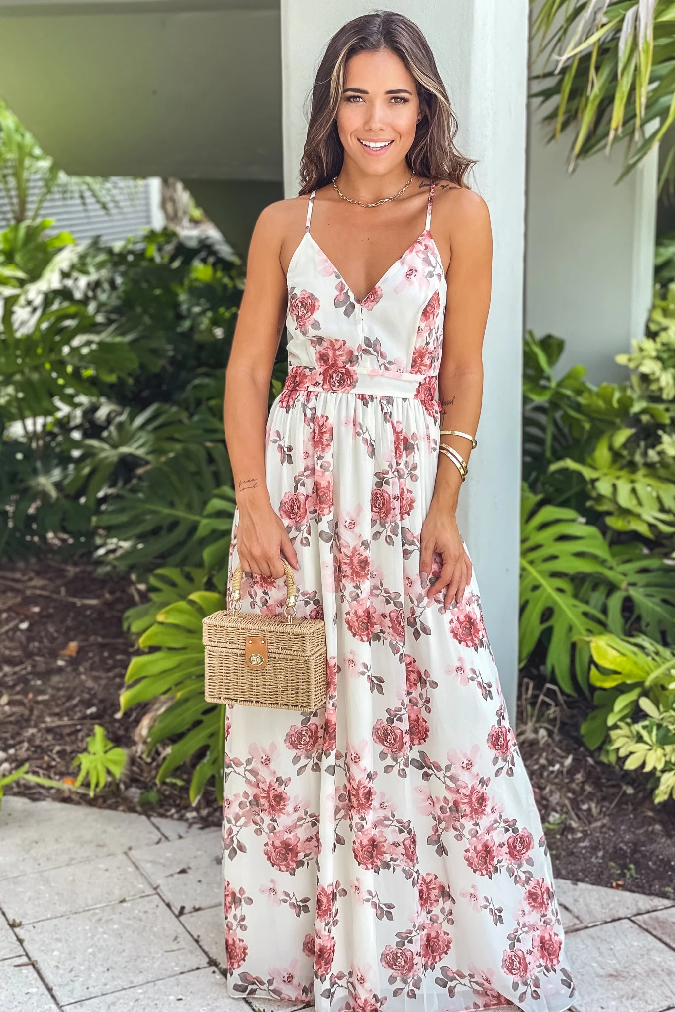 Cream And Peach Floral Maxi Dress With Lace Back