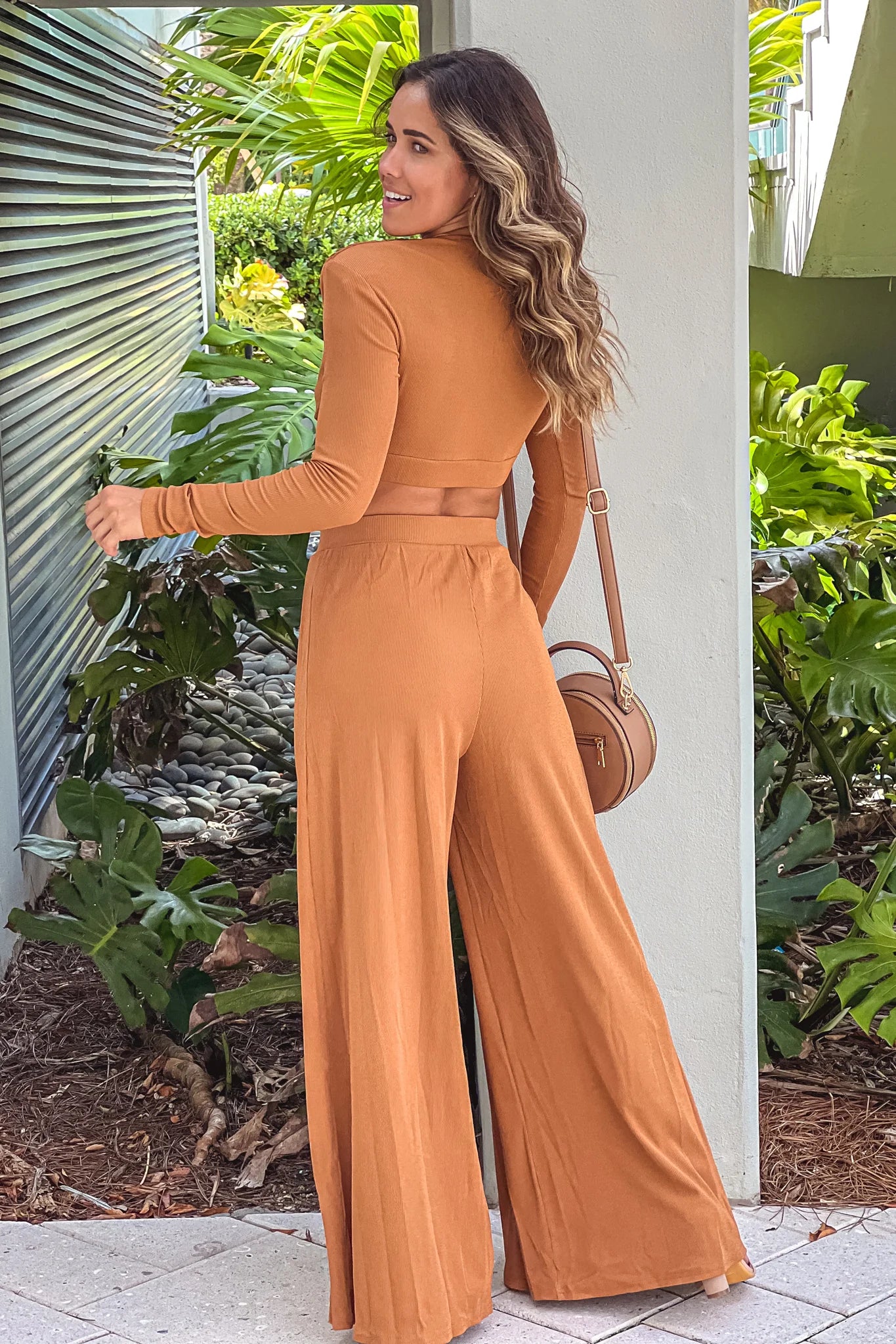 Camel V Neck Top And Pants Set