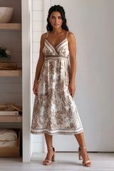 Beige Printed V Neck A Line Dress
