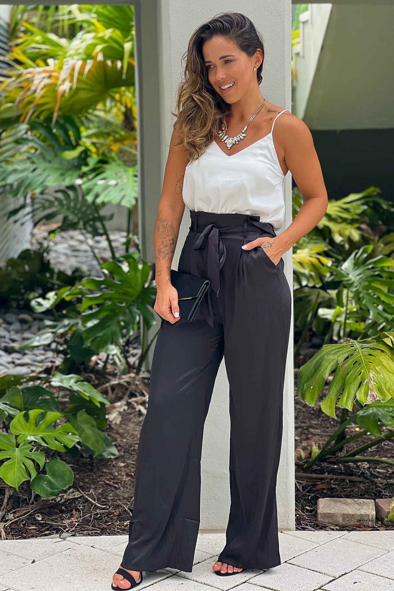 White And Black Draped Neckline Jumpsuit With Pockets