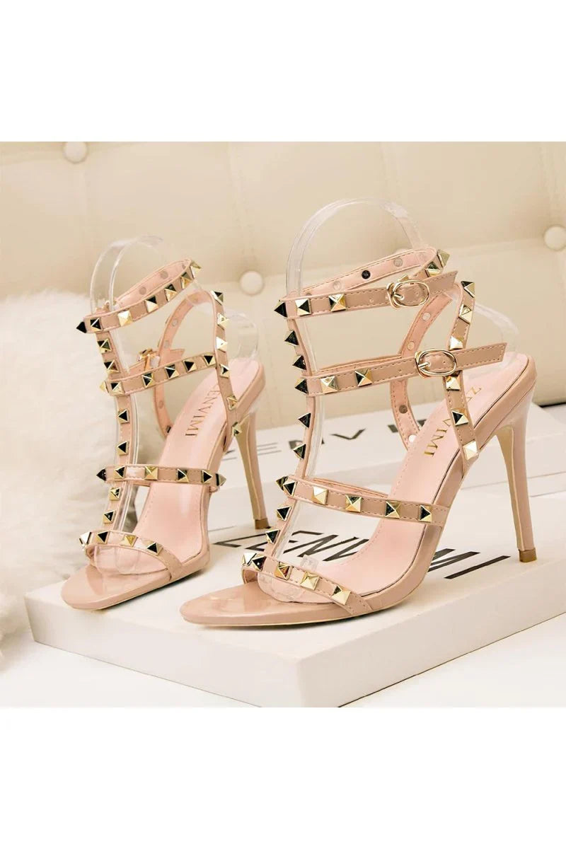Studded Strappy Leather Open Toe High Heels