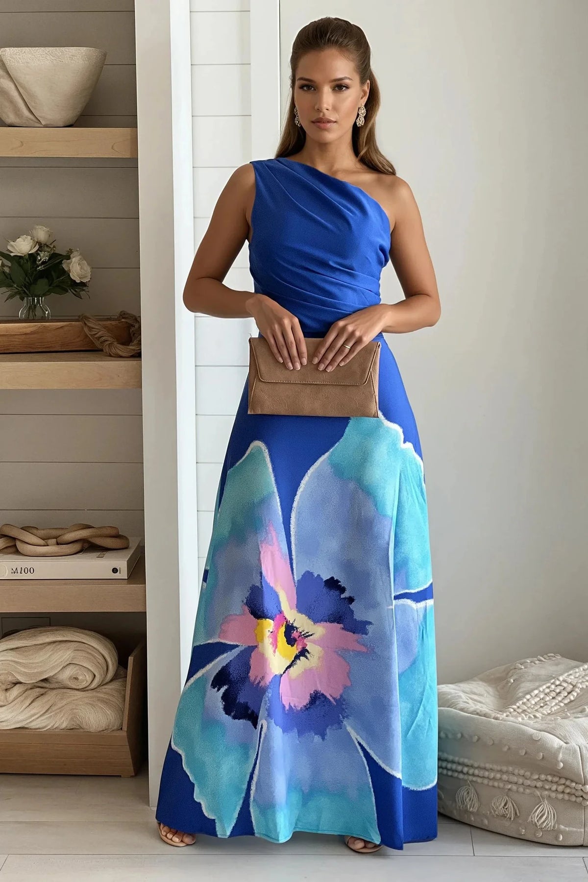 Blue One Shoulder Printed Maxi Dress