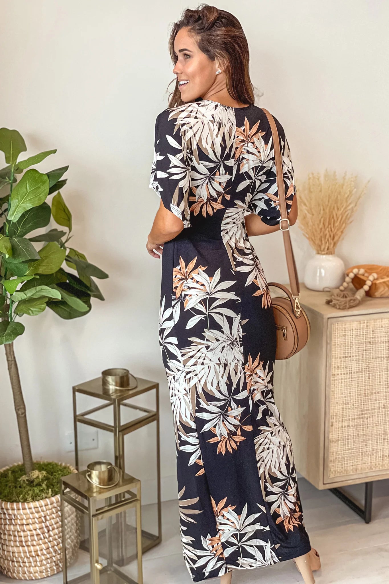 Black and Rust Printed Maxi Dress With Knot Front