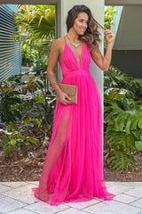 Hot Pink Mesh V Neck Maxi Dress