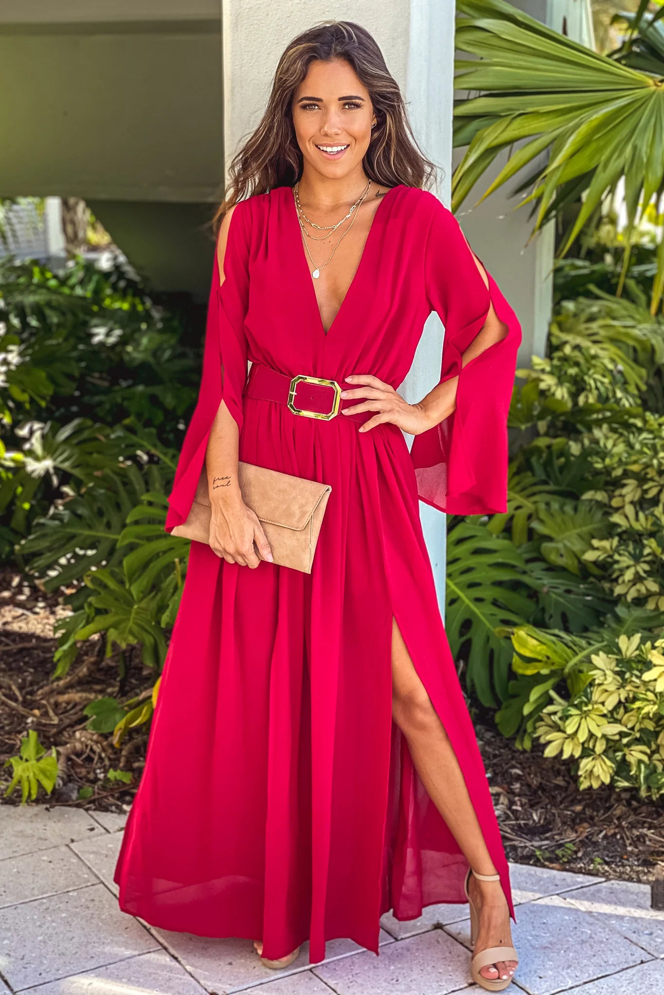Burgundy Maxi Dress With Belt