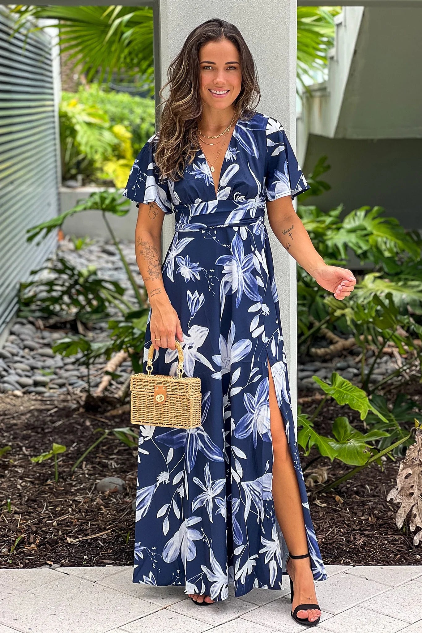 Navy Floral Maxi Dress With Slit