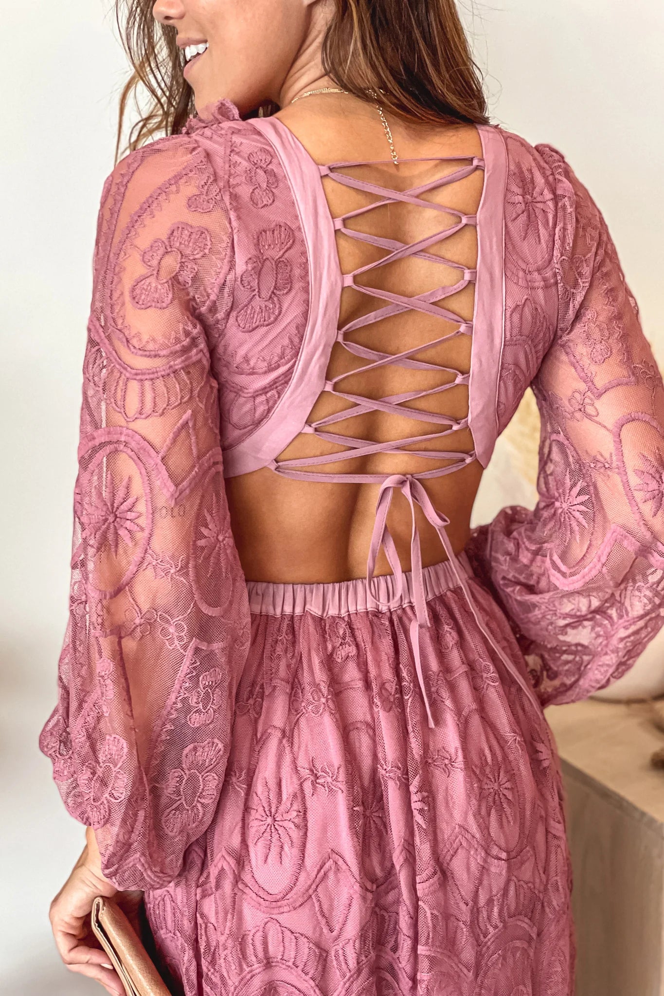 Dusty Mauve Lace Maxi Dress With Cut Out And Long Sleeves