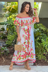 Ivory Floral Off Shoulder High Low Dress