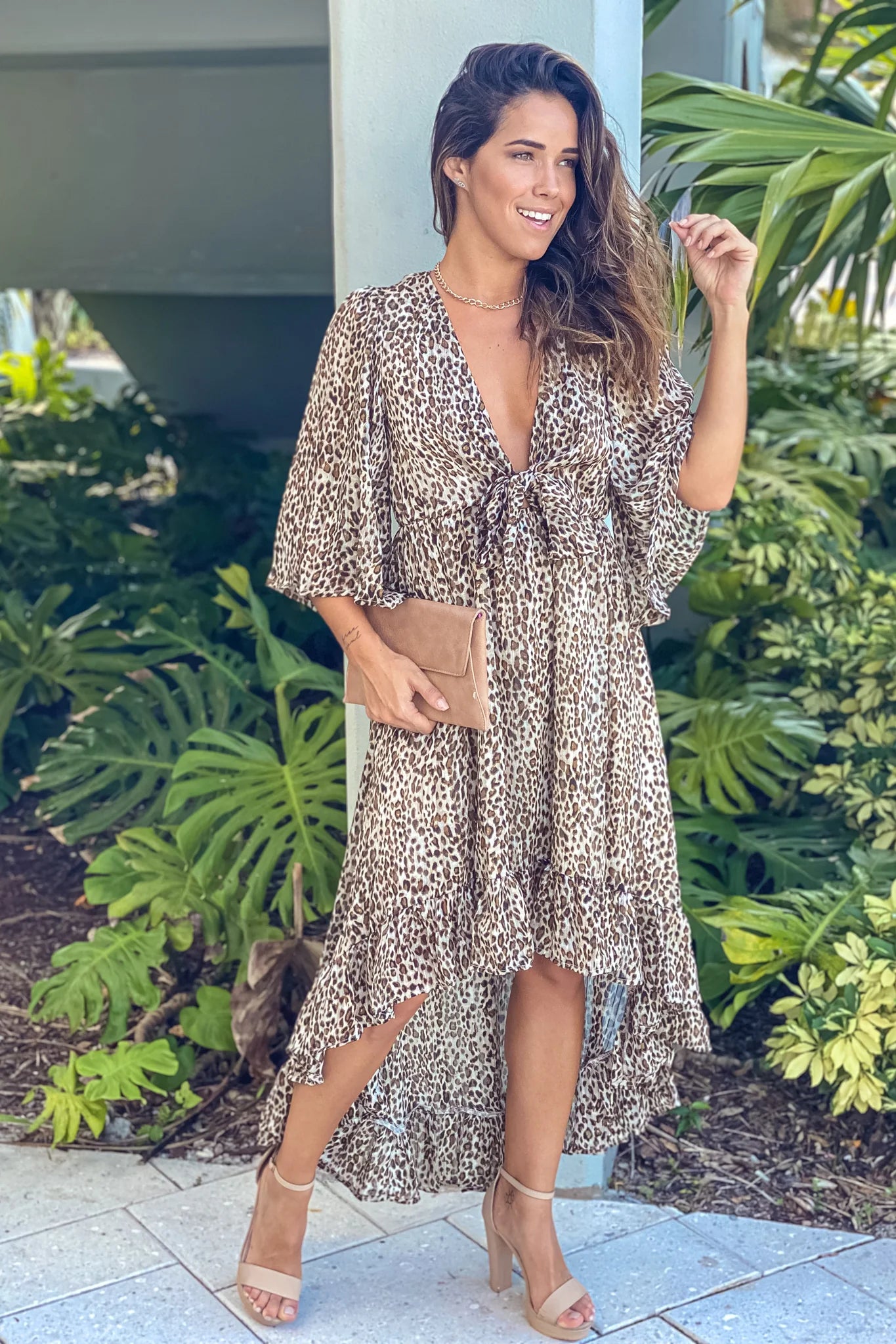 Leopard Front Tie Ruffled High Low Dress