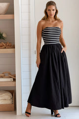 Black Striped Strapless Flowy Midi Dress