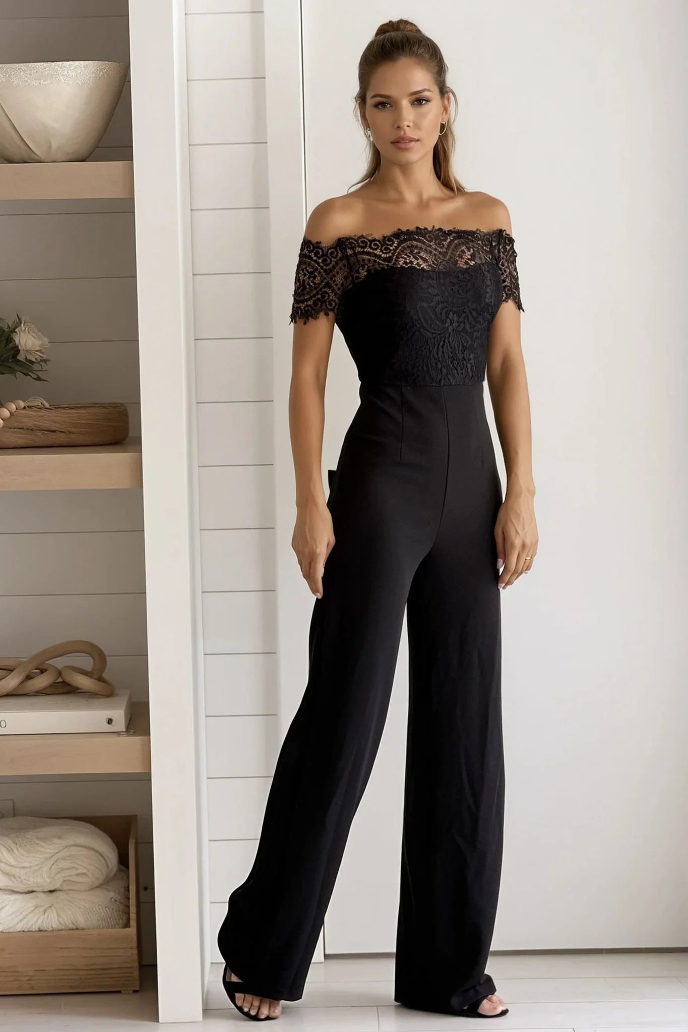 Black Lace Off Shoulder Knit Jumpsuit