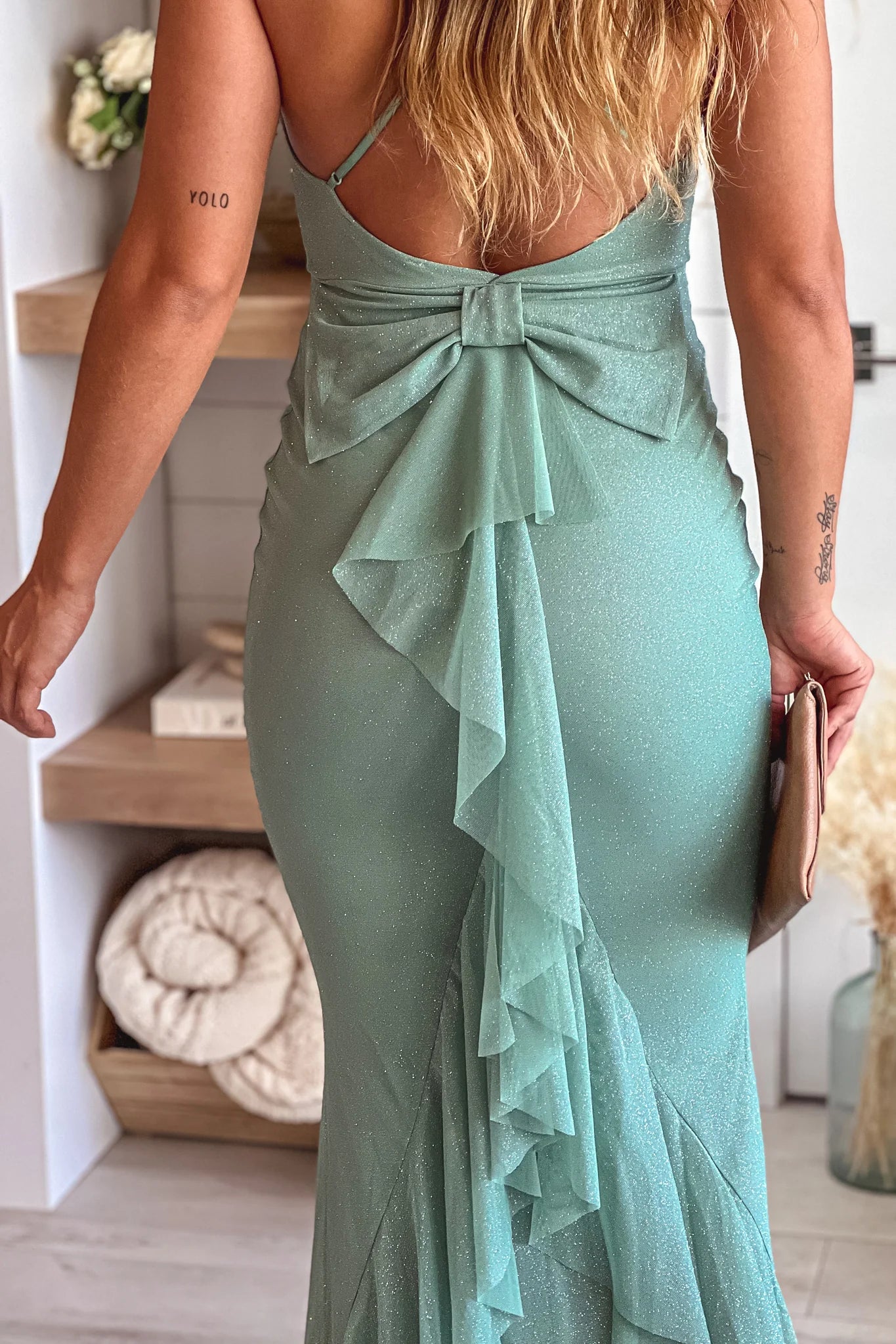 Sage Glitter Maxi Dress With Bow Ruffle Details