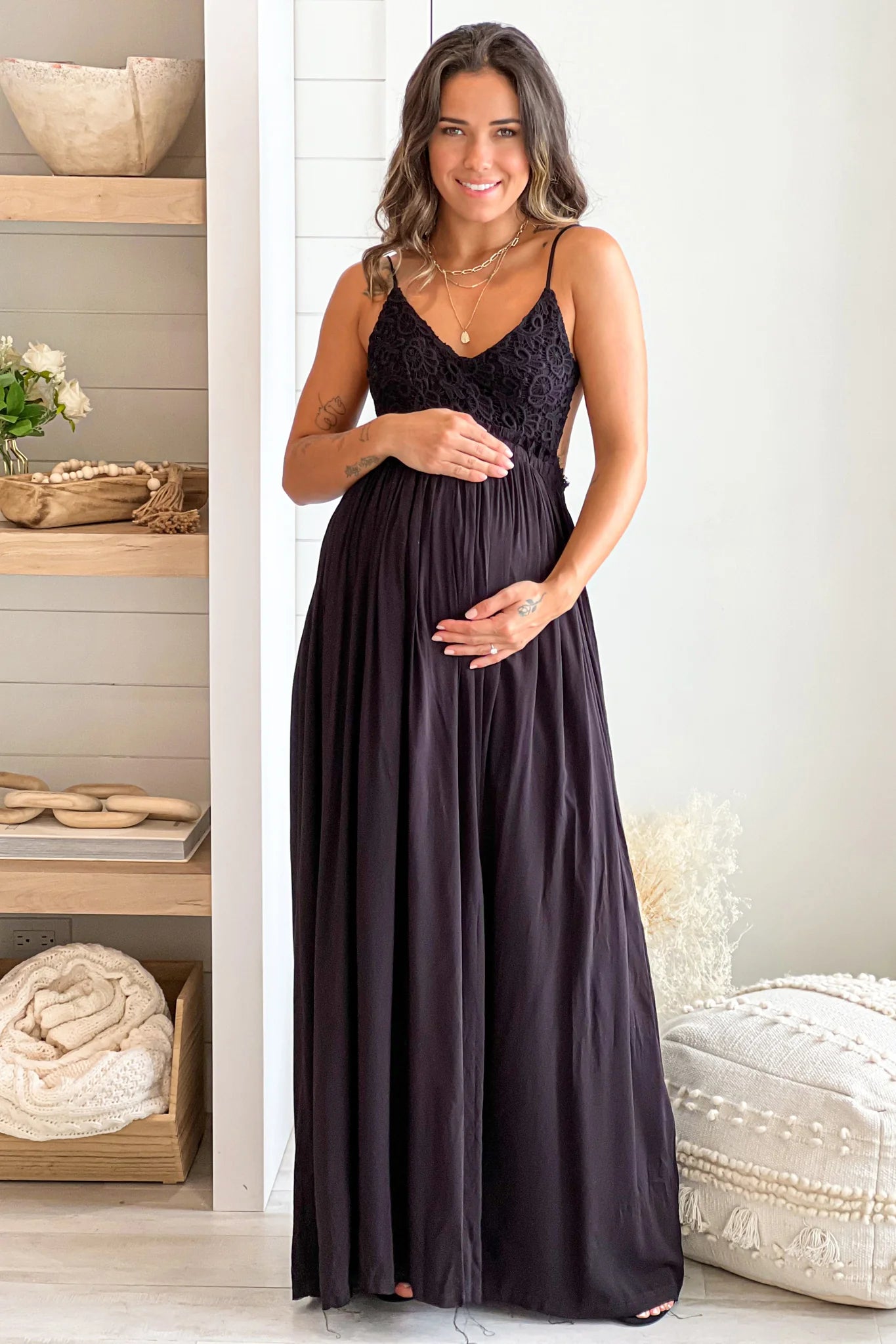 Black Crochet Top Maternity Maxi Dress with Frayed Hem