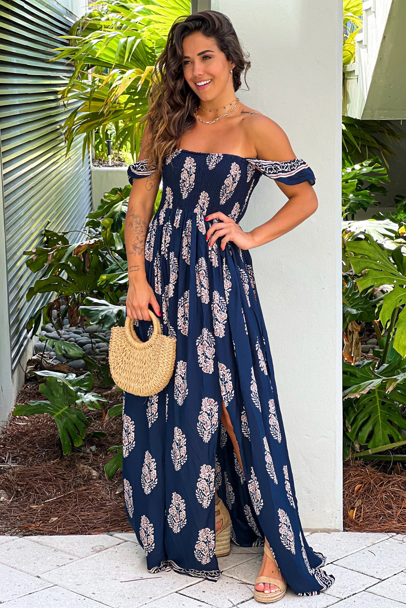 Navy Printed Off Shoulder Maxi Dress With Slit