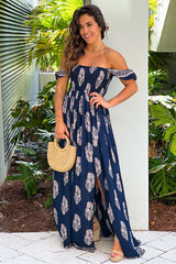 Navy Printed Off Shoulder Maxi Dress With Slit