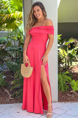 Rose Off Shoulder Maxi Dress With Slit