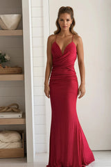 Deep Red Glitter Ruched Maxi Dress