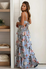 Blue Floral Multi Layered Maxi Dress
