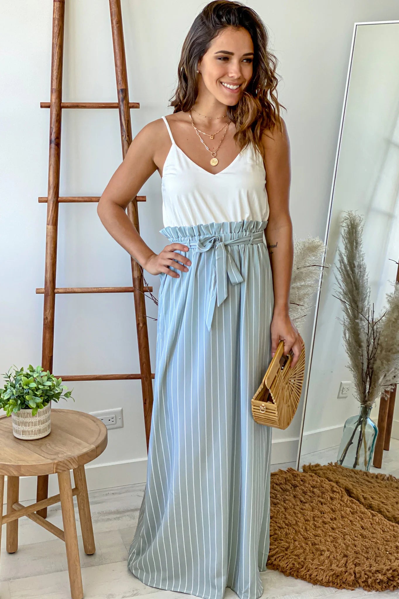 White and Light Blue Striped Maxi Dress