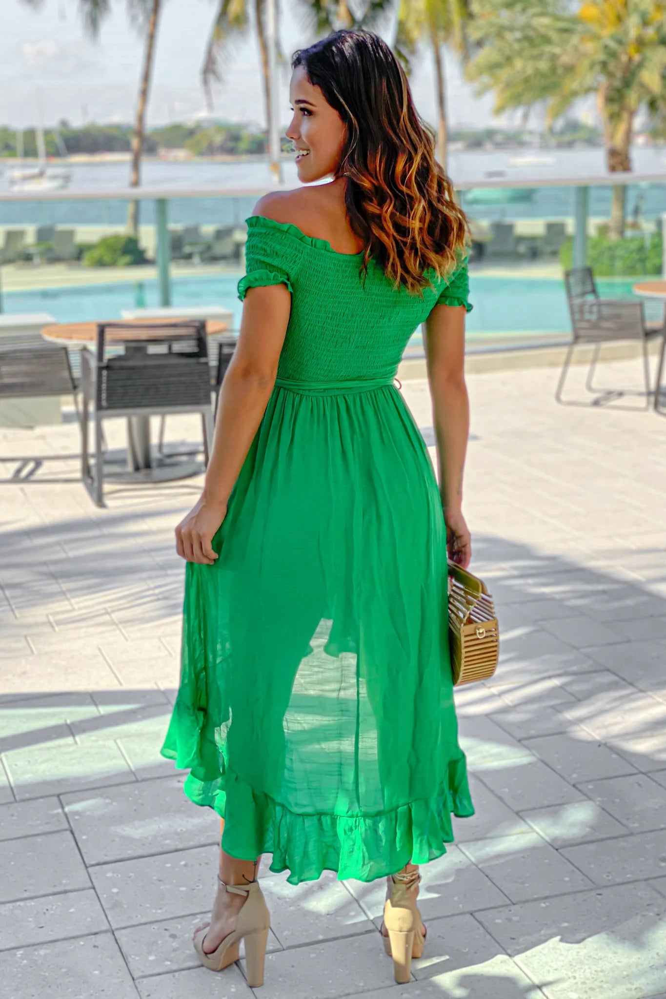 Green Off Shoulder High Low Dress