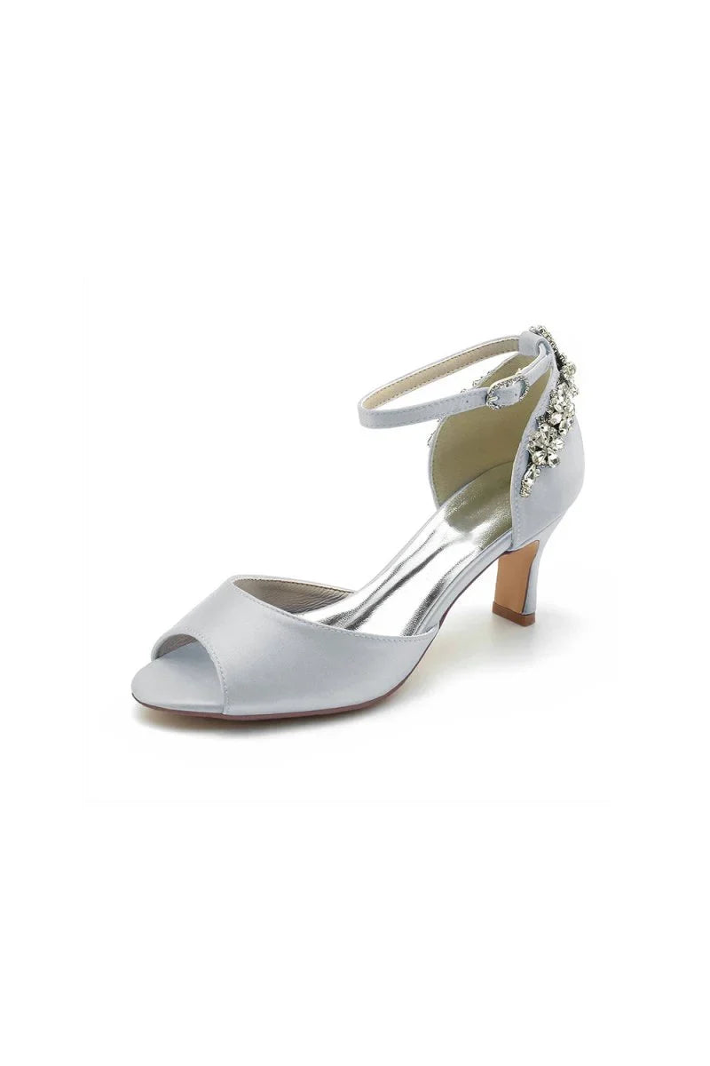 Satin Ankle Strap Rhinestone Chunky Heels