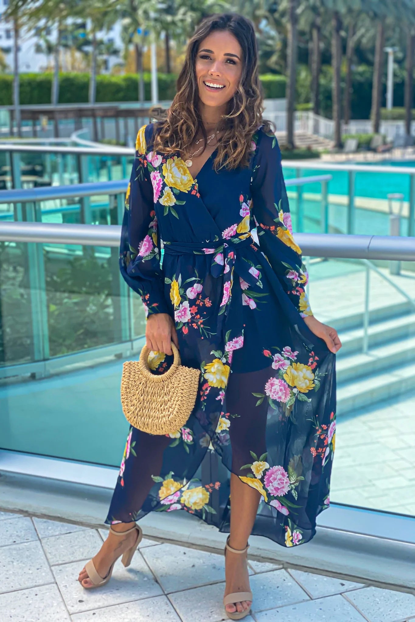 Navy Floral High Low Dress With Long Sleeves