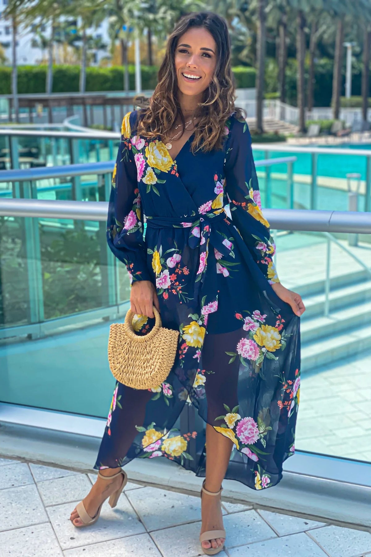 Navy Floral High Low Dress With Long Sleeves