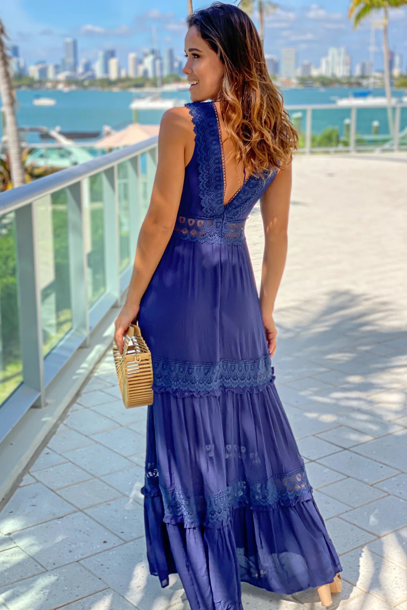Navy V Neck Maxi Dress With Lace Trim