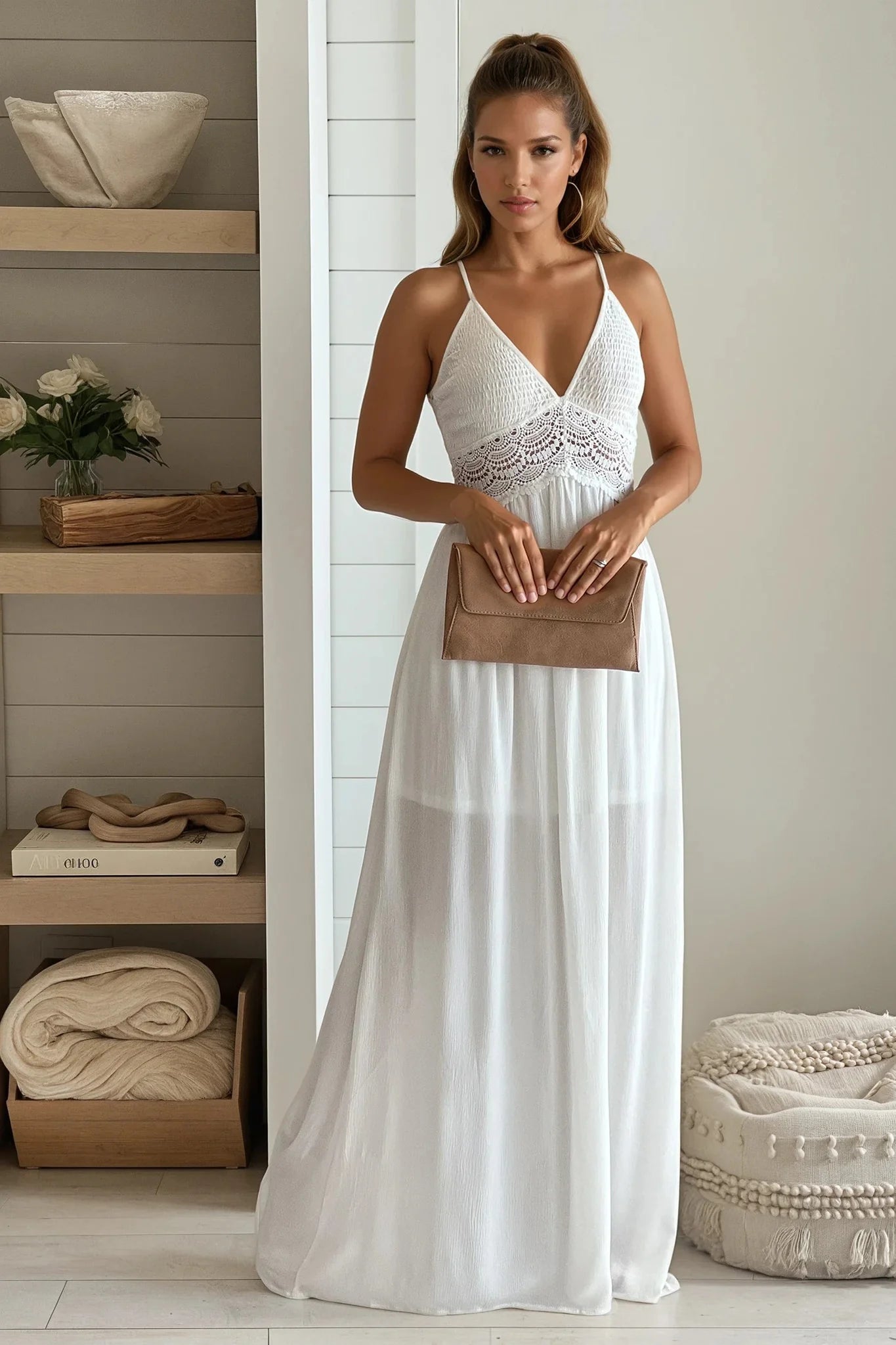 Off White Smocked Top Maxi Dress With Crochet Back